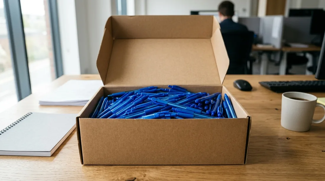 Schreibtisch im Büro mit einem geöffneten Karton voller blauer Kugelschreiber